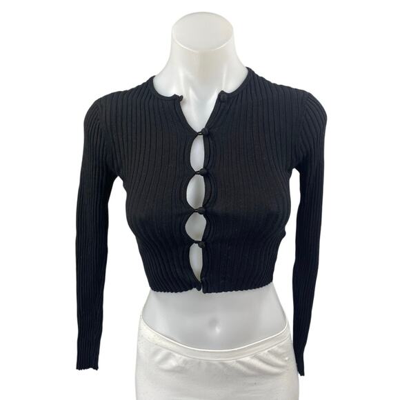 Urban Outfitters Black Long Sleeve Ribbed Knit Cutout Button Up Crop Top Size XS - Picture 1 of 4